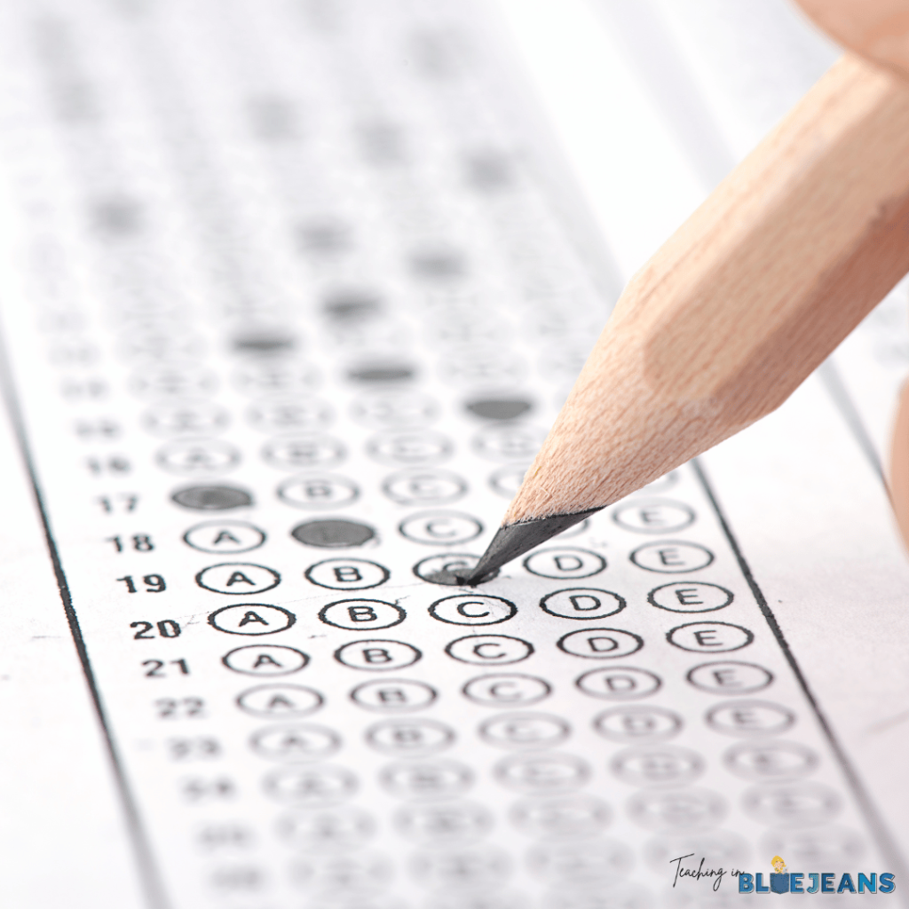 This image shows a student completing a multiple choice assessment like the ones used for Scantron, a time saving, electronic grading hack. 