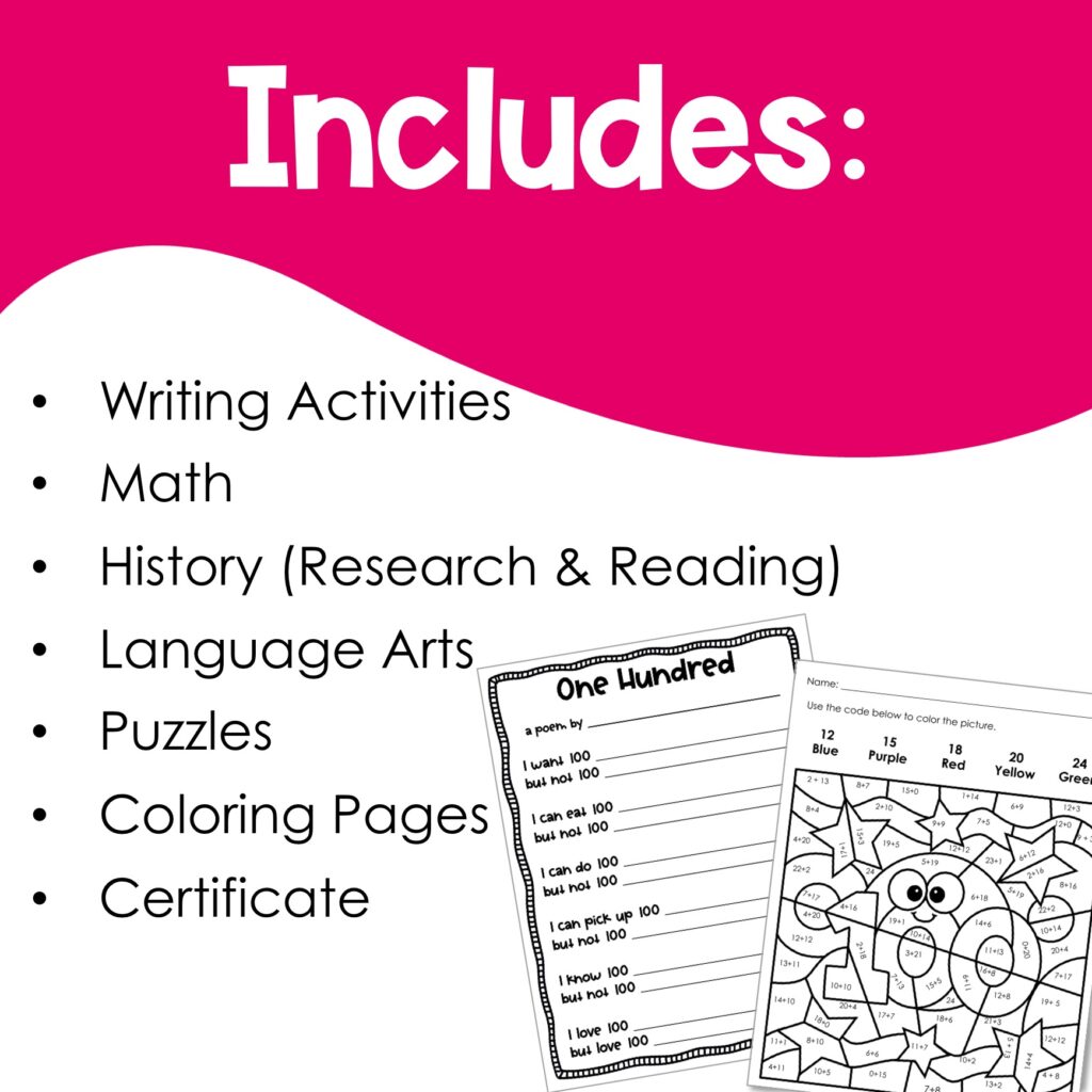 100th Day of School Activities – No Prep Writing, Math, Craft, and ...