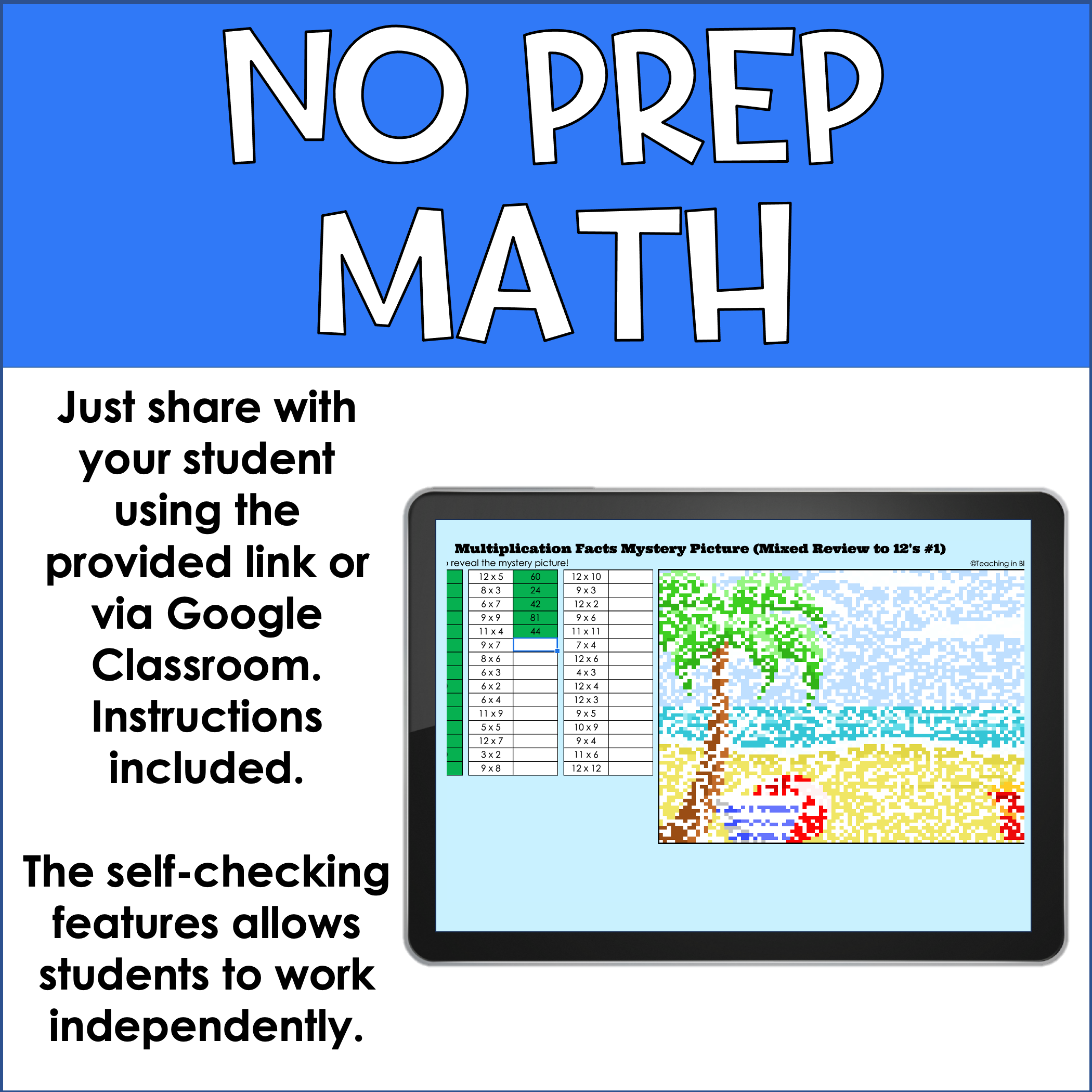 Division mystery picture activity for practicing division math facts to 12s