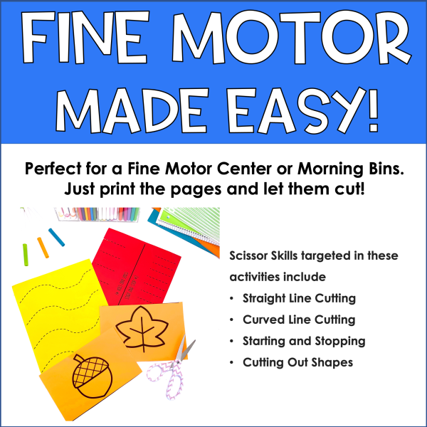Fall themed scissor cutting activities and simple crafts for fine motor skill practice.