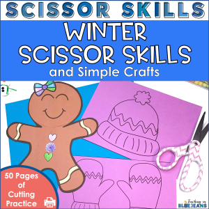 Winter themed scissor skills practice worksheets with simple holiday or winter themed crafts.