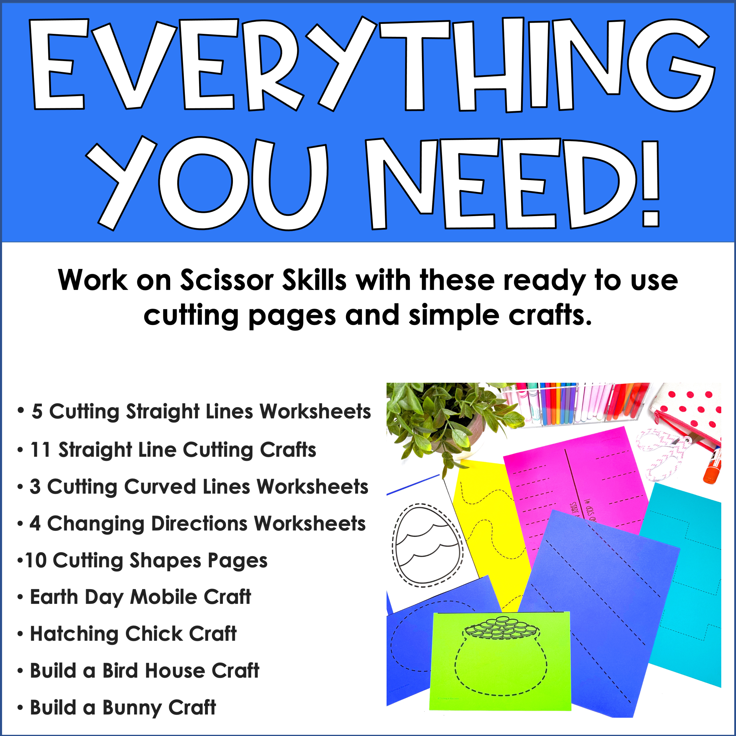 Spring themed scissor skills activities for fine motor practice with simple crafts.