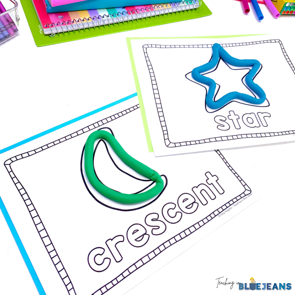 This image shows play dough mats that students can use to make a crescent and star shape.