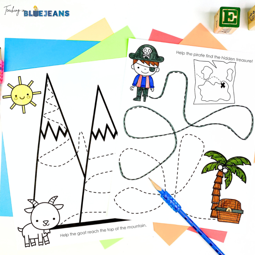 This image shows tracing worksheets. Students can use their fine motor skills to trace the dotted Iines on each page.