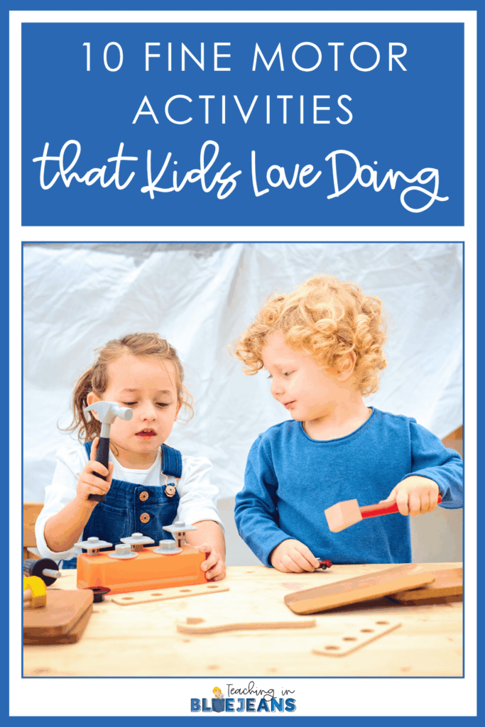 This image features the text "10 fine motor activities for kids" and a picture of playdoh mats. Students can use the play dough mats to make 2D shapes.