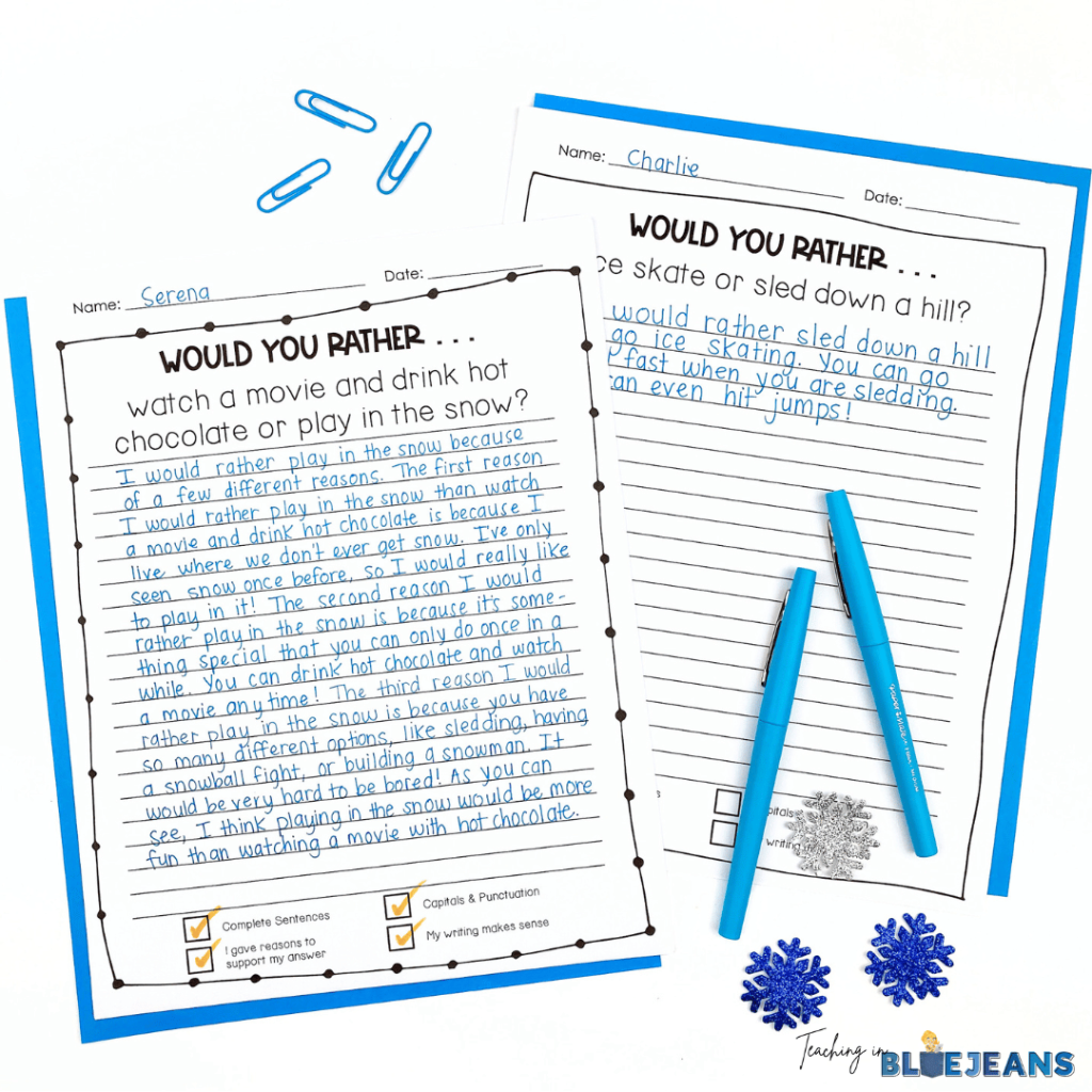 These winter themed Would You Rather writing prompts will have your students begging for more writing time. This image shows winter writing activities. In "would you rather" style prompts, students will choose a winter activity they would rather complete like ice skating or sledding and then write their response on the provided lines.