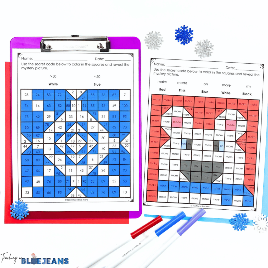 These winter hidden picture coloring activities are a great way to review a varieyt of skills. This image shows a color by code "Hidden Picture" activity that reveals winter pictures like a snowflake and a polar bear.