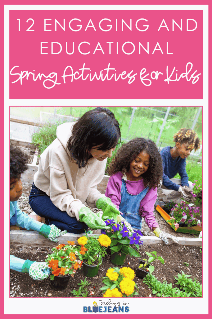 This image features the text, "12 Fun Spring Activities for the Classroom" and a picture of a color by code activity. The color by code activities reveal spring pictures like a ladybug and a blue bird.
