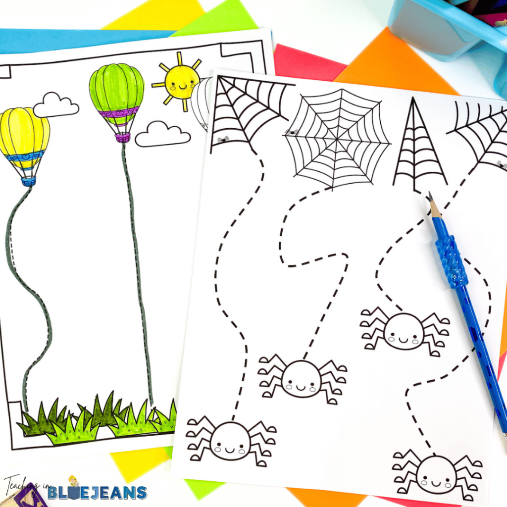 This image shows print and go prewriting activities that will help students practice fine motor skills like pencil grip and tracing on the lines. Students will follow dotted lines from spiders to their webs and from hot air balloons to the ground.