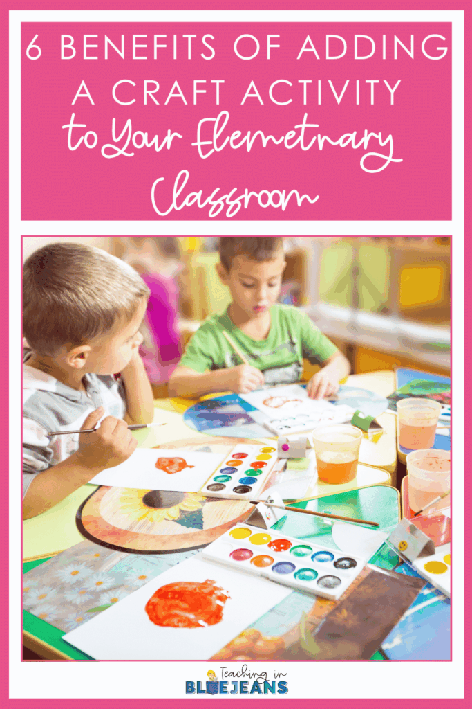 This image includes the text "6 Benefits of Craft Activities in the classroom" and a photo of a craft activity that students can use to practice scissor skills. Students can cut out and create crafts with spring themes line bunnies, eggs and a pot of gold.