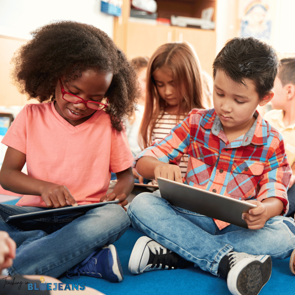 In this phot, students are sitting on a classroom carpet and using their tablets.