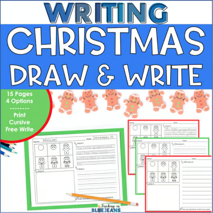 Christmas writing and handwriting activities with directed drawings