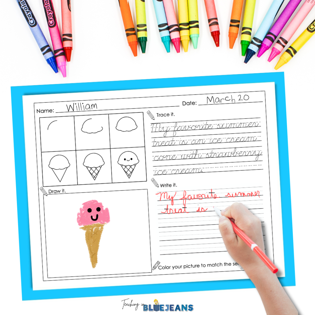 Students can use Draw and Write to practice cursive by tracing a sentence related to their drawing.