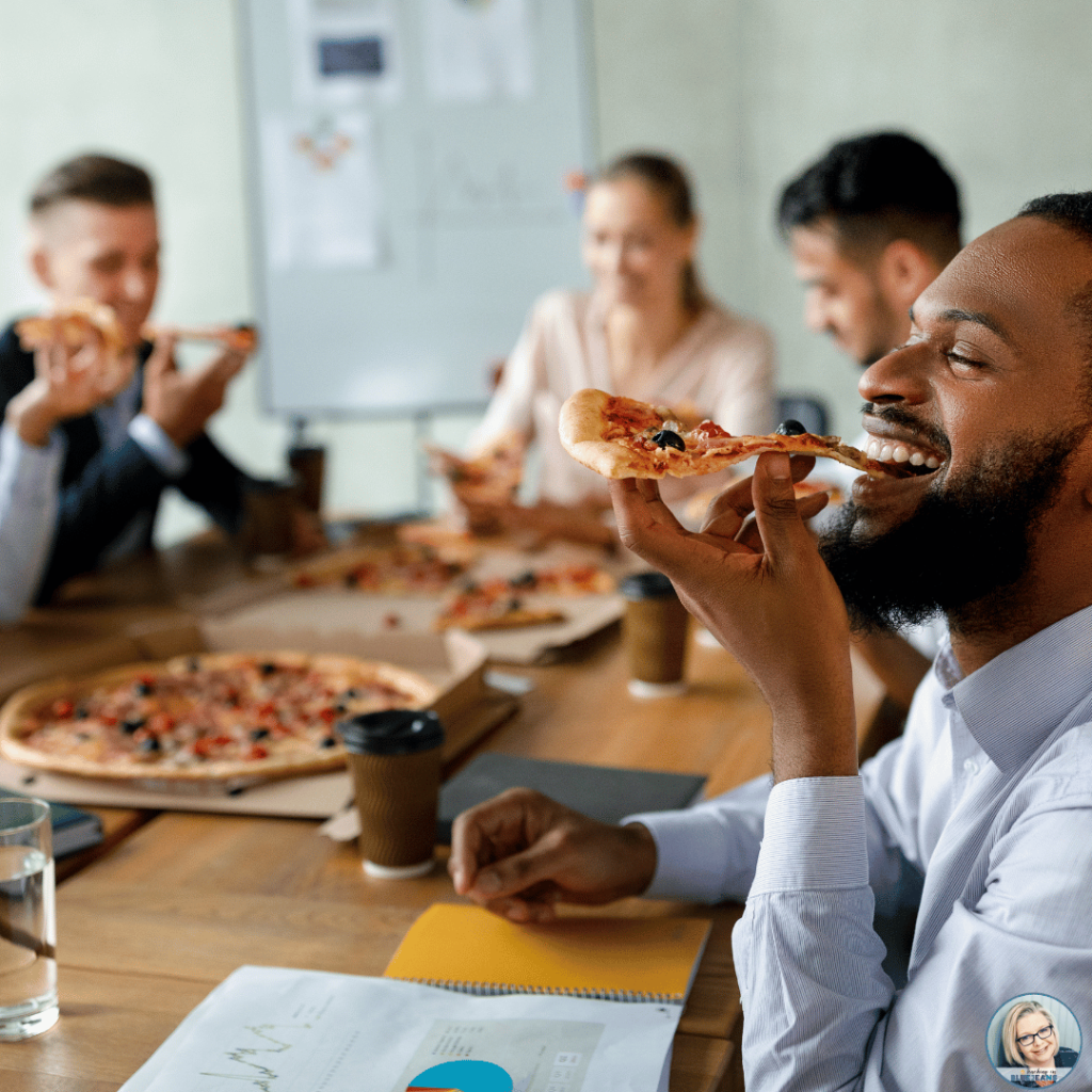 Fill your cup by having lunch in the lounge with your coworkers.