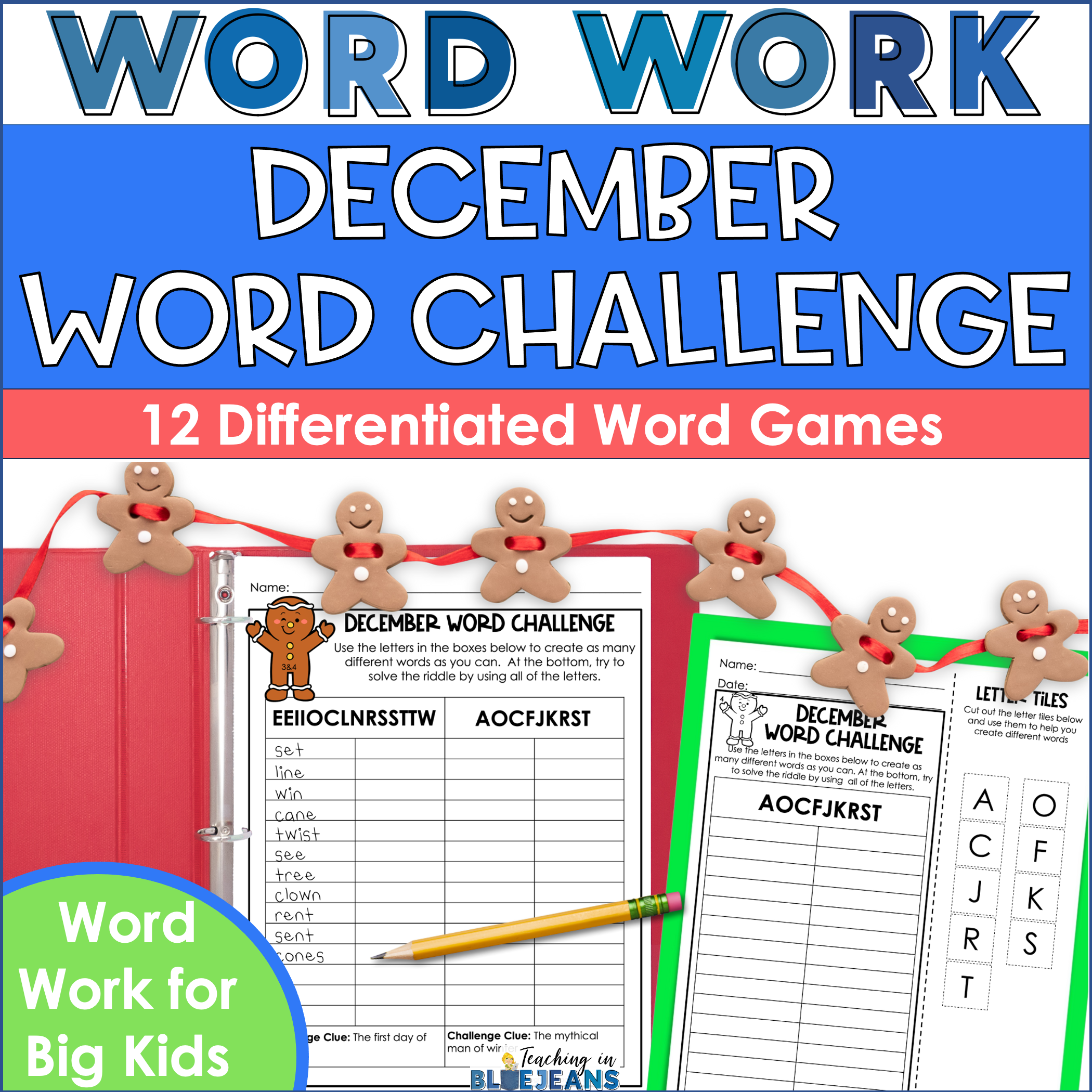 December word challenges with spelling and phonics activities.