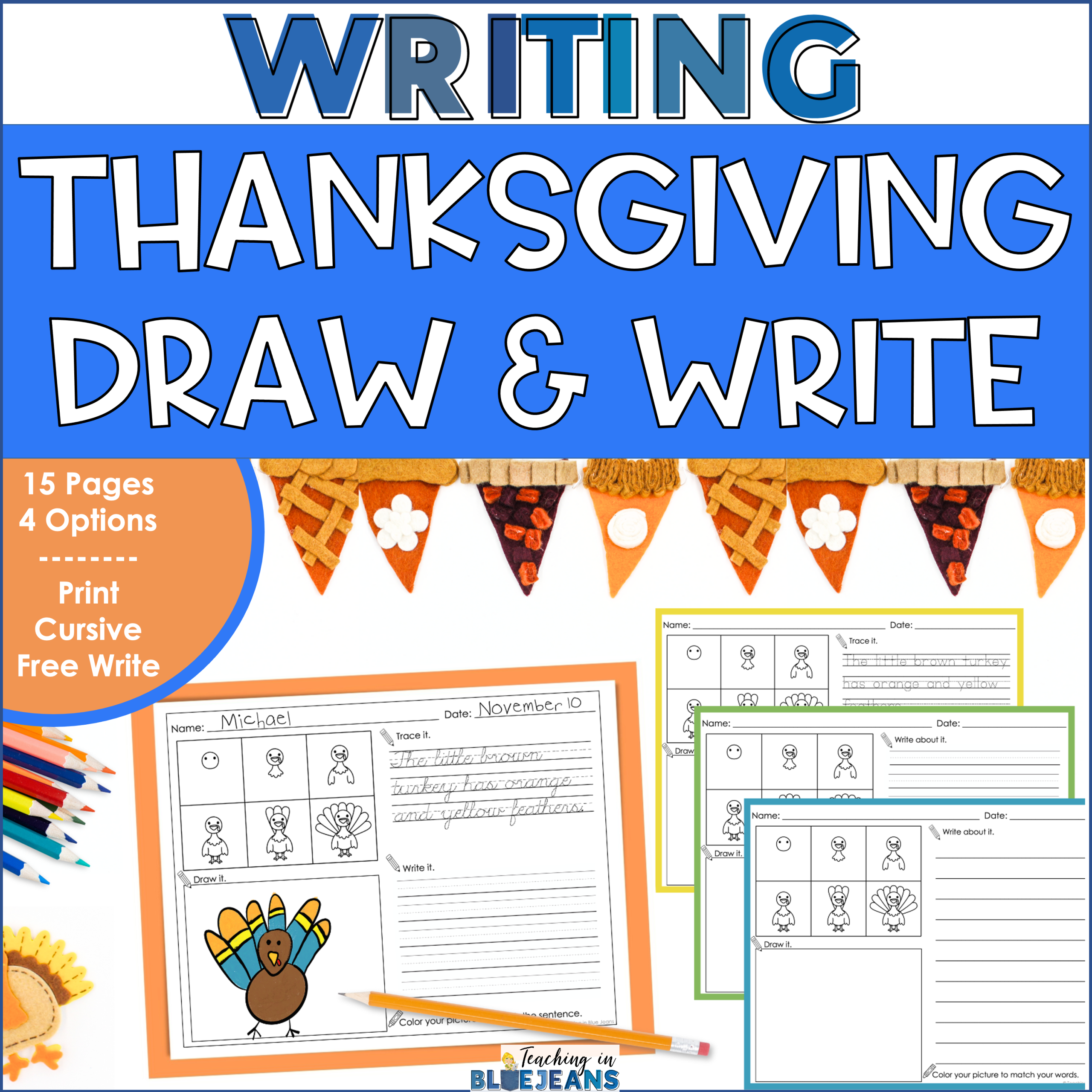 Thanksgiving directed drawing and writing practice activities for kids.