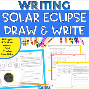 Solar eclipse themed drawing and writing activity with print and cursive handwriting practice.