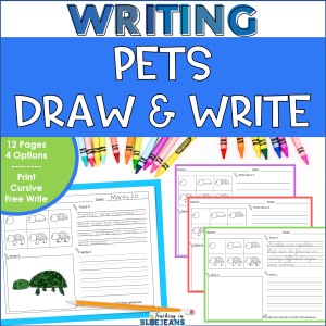 Pet themed drawing and writing, cursive and print practice, with creative writing and guided writing.
