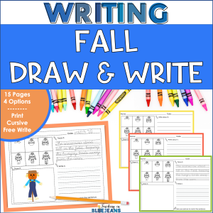 Fall themed drawing and writing activities with print and cursive handwriting options.