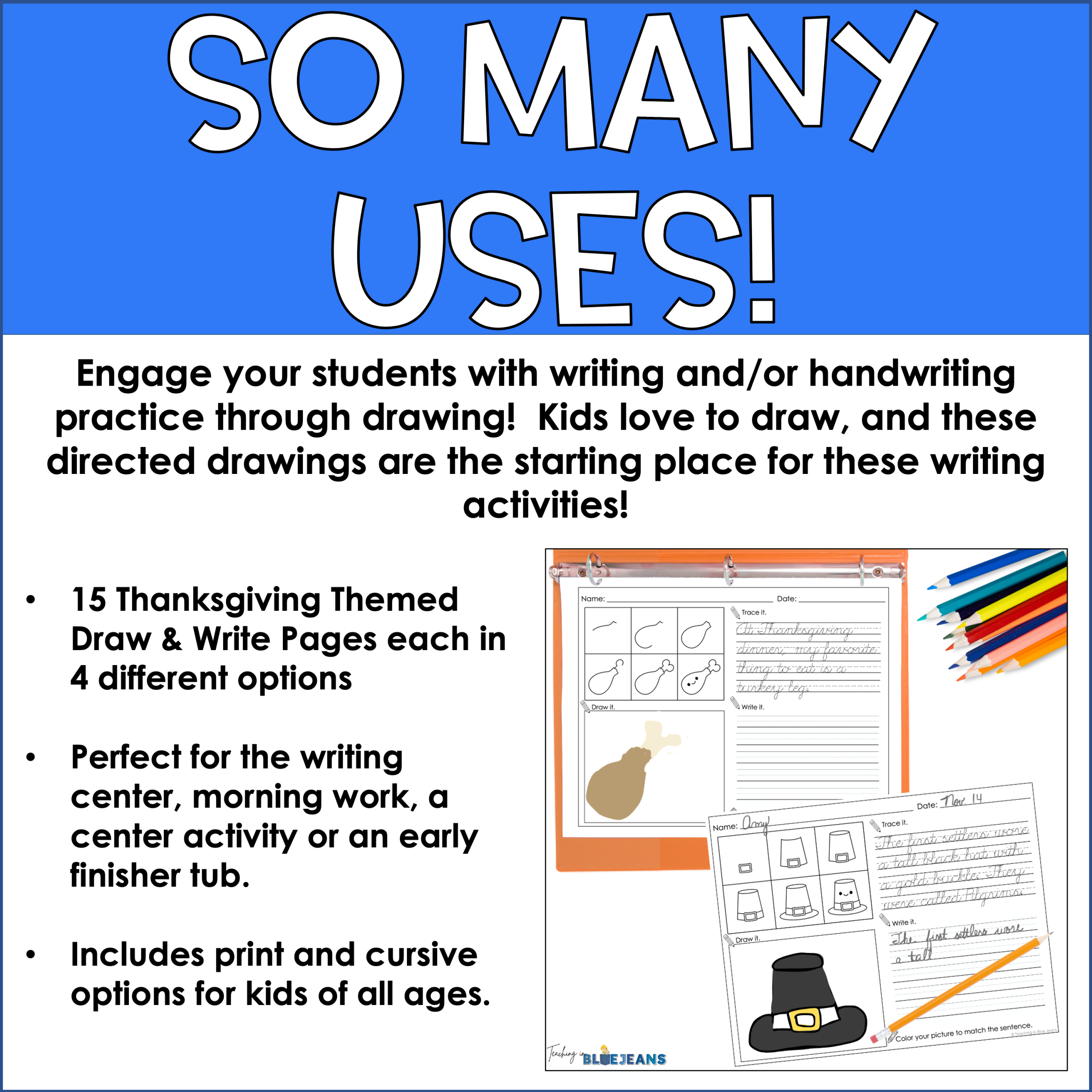 Thanksgiving directed drawing and writing practice activities for kids.