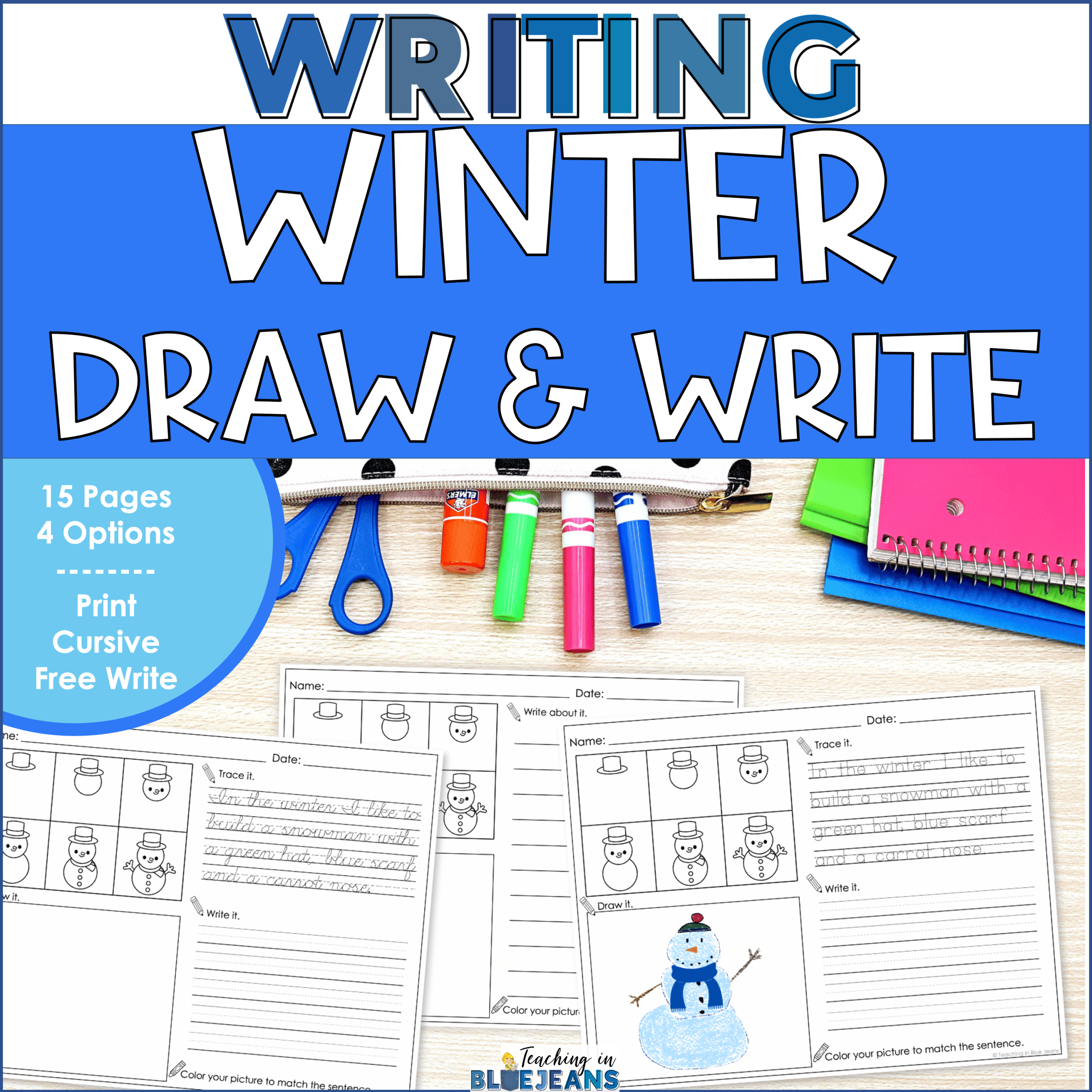 Winter themed directed drawing and writing with print and cursive handwriting practice.