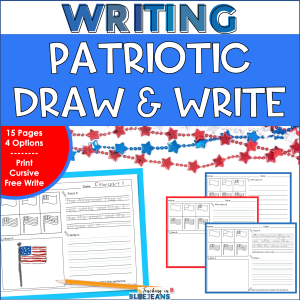 Patriotic themed draw and write activity with print and cursive handwriting practice options.