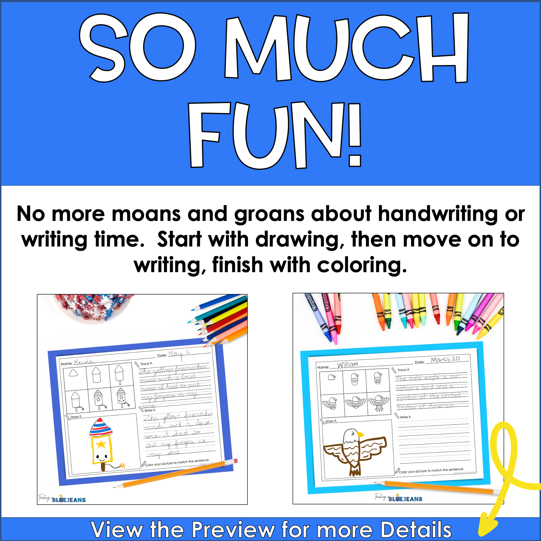 Patriotic themed draw and write activity with print and cursive handwriting practice options.