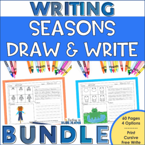 Seasonal directed drawing and writing bundle for kids. Includes draw-and-write pages with print and cursive handwriting practice.