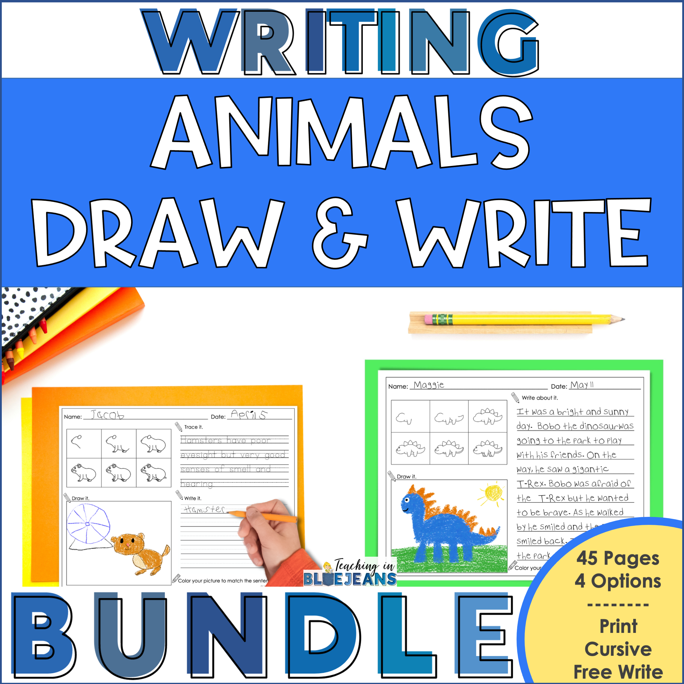 Practice handwriting with these animal-themed directed drawing and writing prompts. Includes print, cursive, and picture writing options for kids.