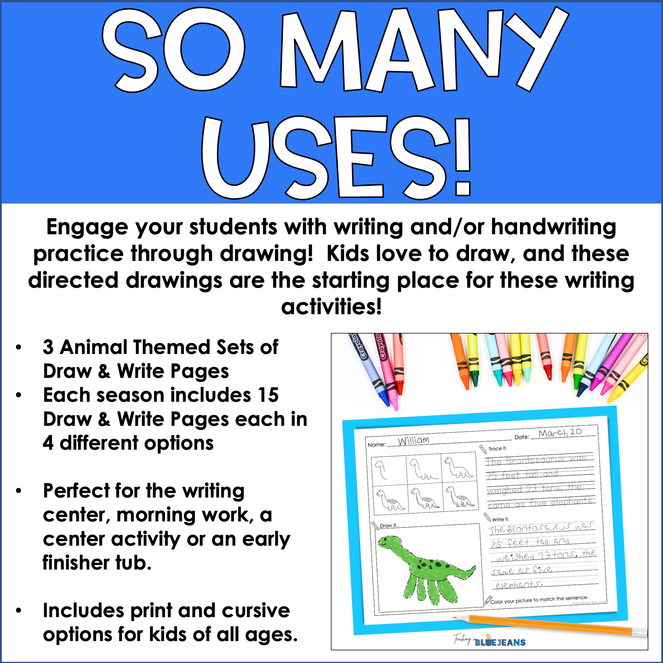 Practice handwriting with these animal-themed directed drawing and writing prompts. Includes print, cursive, and picture writing options for kids.