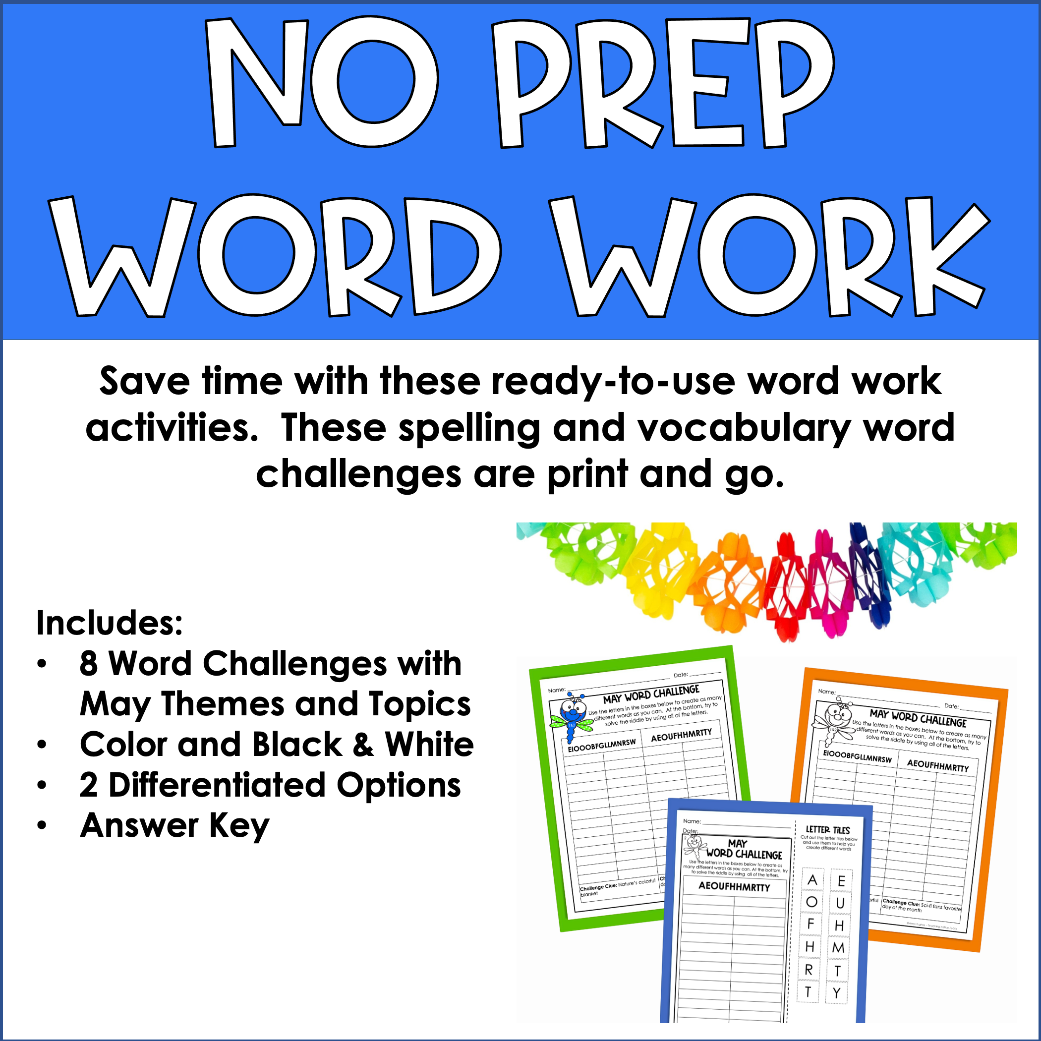 May Word Challenge with spelling and phonics word building games.